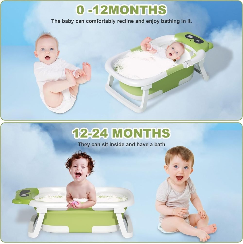 LiveGo Baby Bath Tub, Foldable Baby Bath for Infants to Toddler, Newborn Baby Bathtub with Thermometer & Floating Cushion, Baby Bath for 0-24 Months Newborns Infants and Toddler (Green Frog） - Image 14