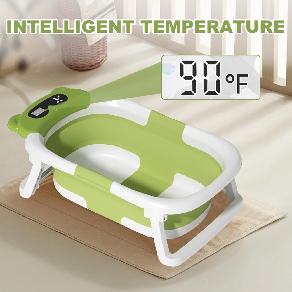 LiveGo Baby Bath Tub, Foldable Baby Bath for Infants to Toddler, Newborn Baby Bathtub with Thermometer & Floating Cushion, Baby Bath for 0-24 Months Newborns Infants and Toddler (Green Frog） - Image 15