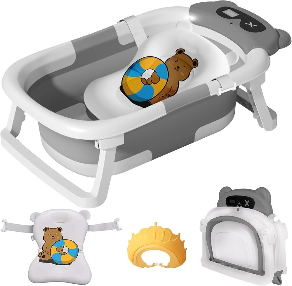 LiveGo Baby Bath Tub, Foldable Baby Bath for Infants to Toddler, Newborn Baby Bathtub with Thermometer & Floating Cushion, Baby Bath for 0-24 Months Newborns Infants and Toddler (Green Frog） - Image 19