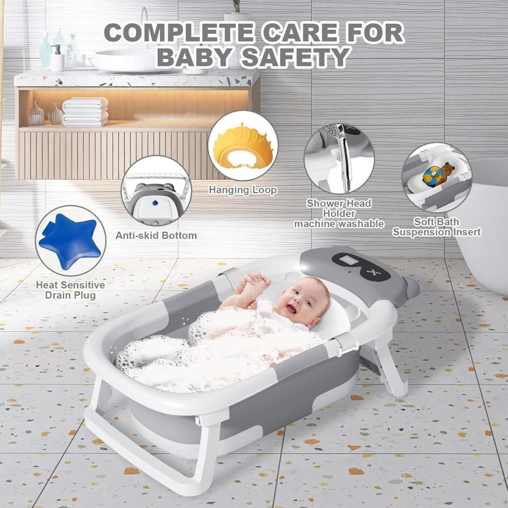 LiveGo Baby Bath Tub, Foldable Baby Bath for Infants to Toddler, Newborn Baby Bathtub with Thermometer & Floating Cushion, Baby Bath for 0-24 Months Newborns Infants and Toddler (Green Frog） - Image 21
