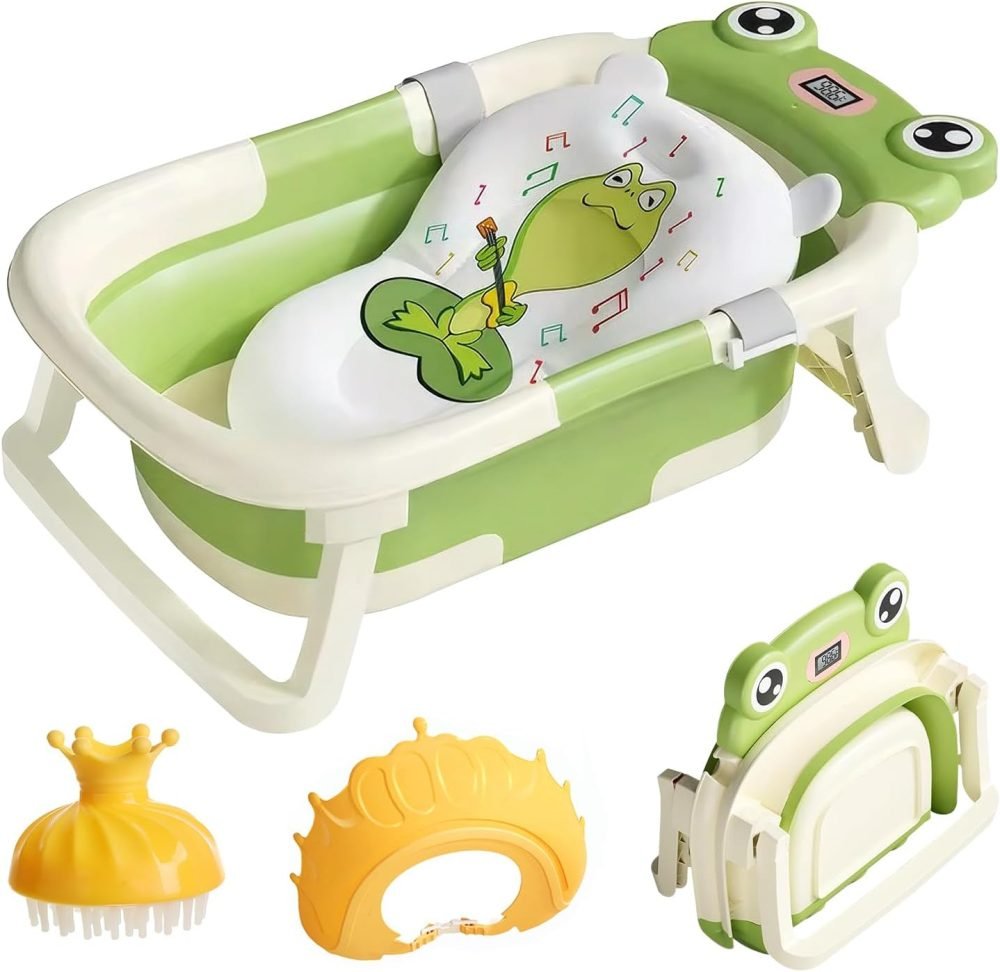 LiveGo Baby Bath Tub, Foldable Baby Bath for Infants to Toddler, Newborn Baby Bathtub with Thermometer & Floating Cushion, Baby Bath for 0-24 Months Newborns Infants and Toddler (Green Frog） - Image 28