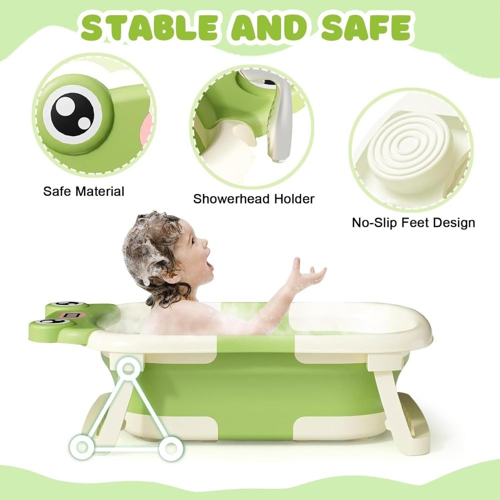 LiveGo Baby Bath Tub, Foldable Baby Bath for Infants to Toddler, Newborn Baby Bathtub with Thermometer & Floating Cushion, Baby Bath for 0-24 Months Newborns Infants and Toddler (Green Frog） - Image 30