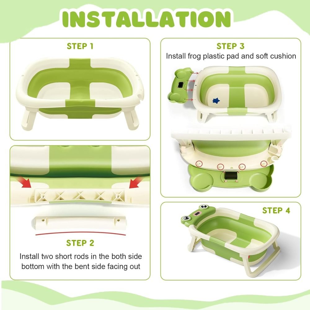 LiveGo Baby Bath Tub, Foldable Baby Bath for Infants to Toddler, Newborn Baby Bathtub with Thermometer & Floating Cushion, Baby Bath for 0-24 Months Newborns Infants and Toddler (Green Frog） - Image 31