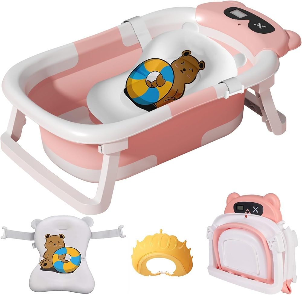 LiveGo Baby Bath Tub, Foldable Baby Bath for Infants to Toddler, Newborn Baby Bathtub with Thermometer & Floating Cushion, Baby Bath for 0-24 Months Newborns Infants and Toddler (Green Frog） - Image 34
