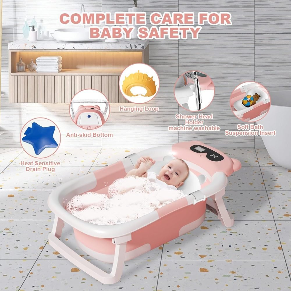 LiveGo Baby Bath Tub, Foldable Baby Bath for Infants to Toddler, Newborn Baby Bathtub with Thermometer & Floating Cushion, Baby Bath for 0-24 Months Newborns Infants and Toddler (Green Frog） - Image 36