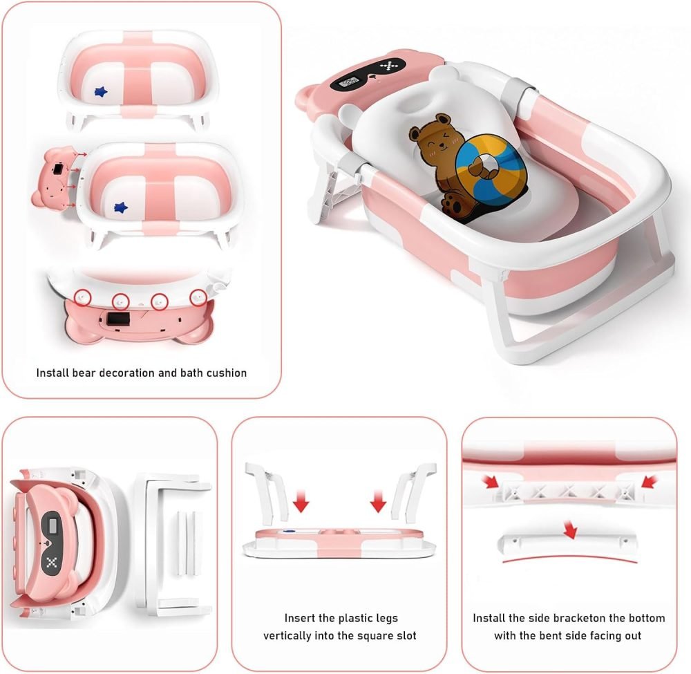 LiveGo Baby Bath Tub, Foldable Baby Bath for Infants to Toddler, Newborn Baby Bathtub with Thermometer & Floating Cushion, Baby Bath for 0-24 Months Newborns Infants and Toddler (Green Frog） - Image 37
