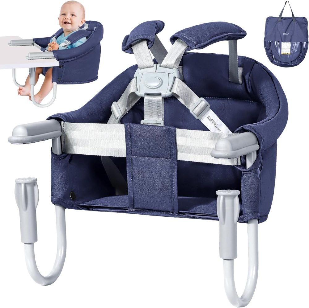 Orzbow Hook-on Seats,Portable Hook on High Chair with 5-Point Safety Harness,Shoulder Strap Mats and Removable Seat Cushion,Stable Clip on Baby Chair for Home and Restaurant (Grey)