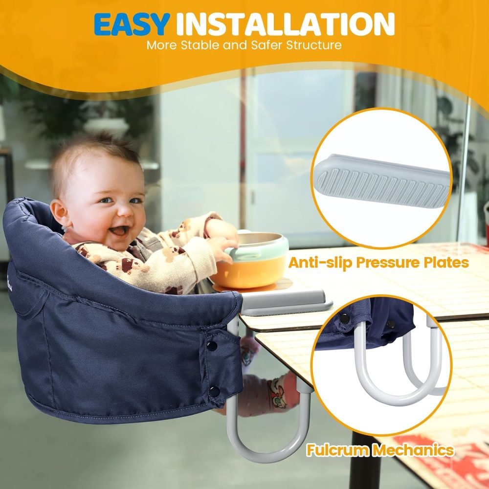 Orzbow Hook-on Seats,Portable Hook on High Chair with 5-Point Safety Harness,Shoulder Strap Mats and Removable Seat Cushion,Stable Clip on Baby Chair for Home and Restaurant (Grey) - Image 2