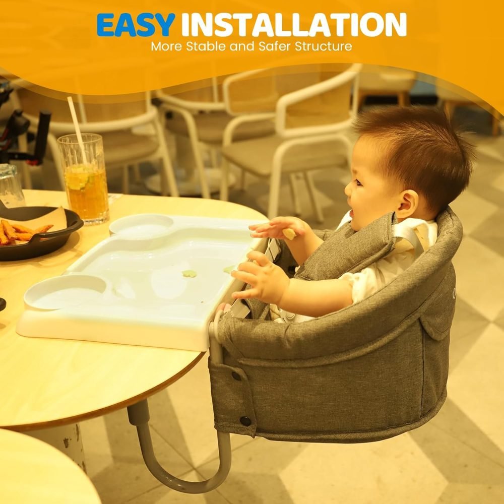 Orzbow Hook-on Seats,Portable Hook on High Chair with 5-Point Safety Harness,Shoulder Strap Mats and Removable Seat Cushion,Stable Clip on Baby Chair for Home and Restaurant (Grey) - Image 13