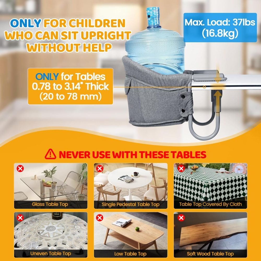 Orzbow Hook-on Seats,Portable Hook on High Chair with 5-Point Safety Harness,Shoulder Strap Mats and Removable Seat Cushion,Stable Clip on Baby Chair for Home and Restaurant (Grey) - Image 15