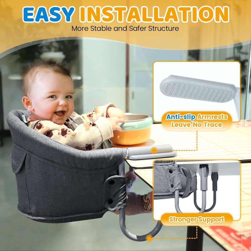 Orzbow Hook-on Seats,Portable Hook on High Chair with 5-Point Safety Harness,Shoulder Strap Mats and Removable Seat Cushion,Stable Clip on Baby Chair for Home and Restaurant (Grey) - Image 19