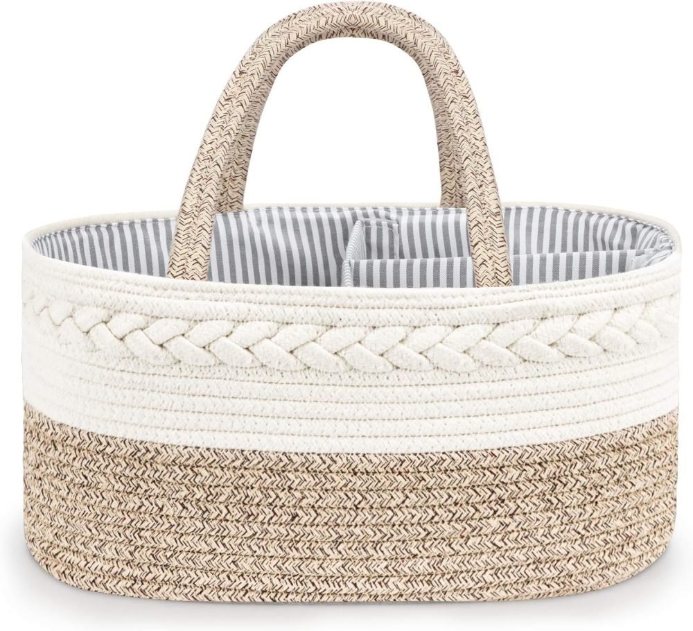 Maliton Nappy Caddy, Cotton Rope Newborn Essentials Diaper Caddy，Sturdy Portable Baby Caddy Storage Basket with Detachable Compartments，Nappy Caddy Organiser Baby Essentials for Newborn, Brown