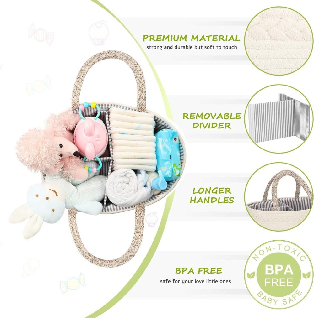 Maliton Nappy Caddy, Cotton Rope Newborn Essentials Diaper Caddy，Sturdy Portable Baby Caddy Storage Basket with Detachable Compartments，Nappy Caddy Organiser Baby Essentials for Newborn, Brown - Image 3