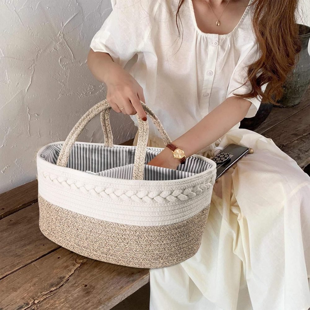 Maliton Nappy Caddy, Cotton Rope Newborn Essentials Diaper Caddy，Sturdy Portable Baby Caddy Storage Basket with Detachable Compartments，Nappy Caddy Organiser Baby Essentials for Newborn, Brown - Image 7