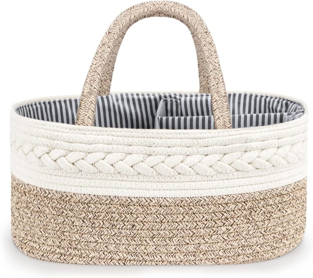 Maliton Nappy Caddy, Cotton Rope Newborn Essentials Diaper Caddy，Sturdy Portable Baby Caddy Storage Basket with Detachable Compartments，Nappy Caddy Organiser Baby Essentials for Newborn, Brown - Image 10