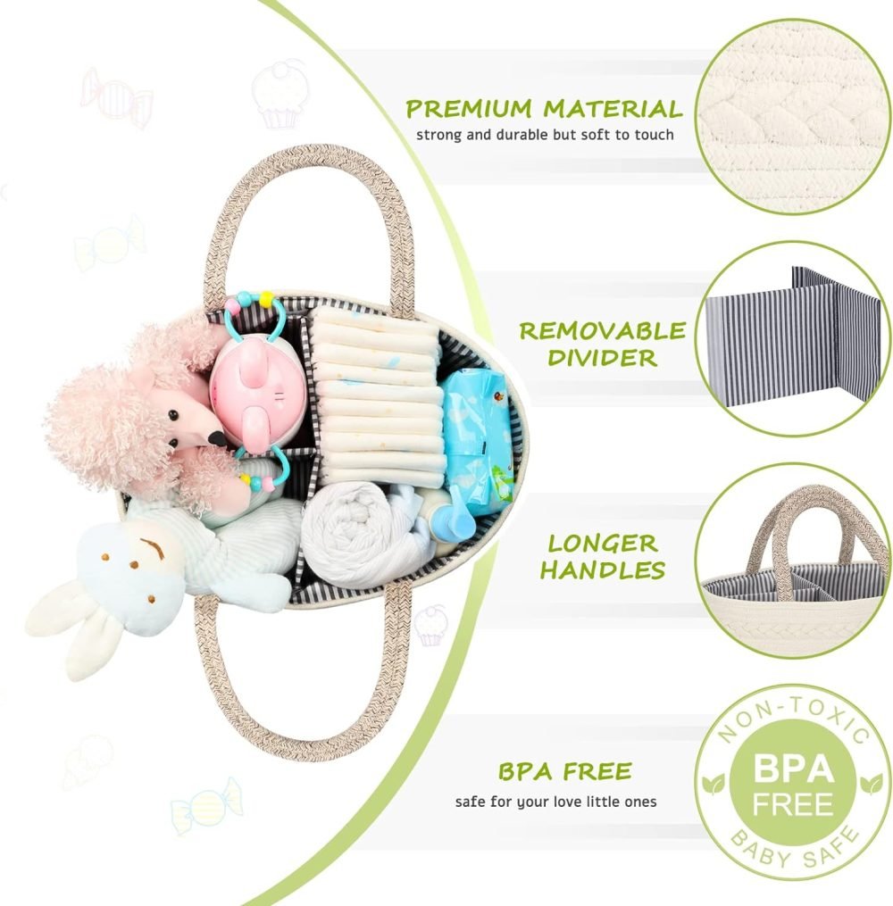 Maliton Nappy Caddy, Cotton Rope Newborn Essentials Diaper Caddy，Sturdy Portable Baby Caddy Storage Basket with Detachable Compartments，Nappy Caddy Organiser Baby Essentials for Newborn, Brown - Image 12