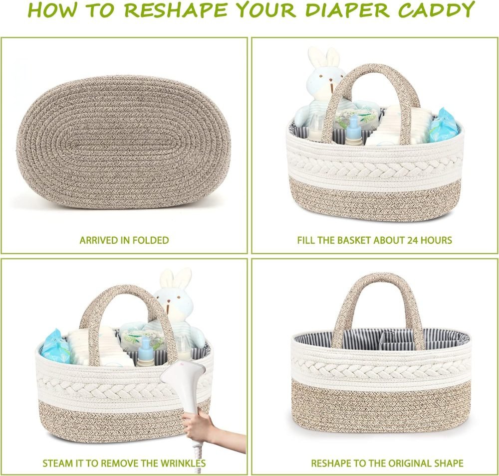 Maliton Nappy Caddy, Cotton Rope Newborn Essentials Diaper Caddy，Sturdy Portable Baby Caddy Storage Basket with Detachable Compartments，Nappy Caddy Organiser Baby Essentials for Newborn, Brown - Image 13