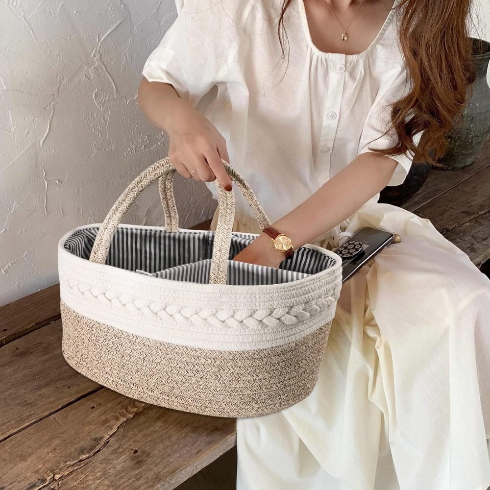 Maliton Nappy Caddy, Cotton Rope Newborn Essentials Diaper Caddy，Sturdy Portable Baby Caddy Storage Basket with Detachable Compartments，Nappy Caddy Organiser Baby Essentials for Newborn, Brown - Image 15