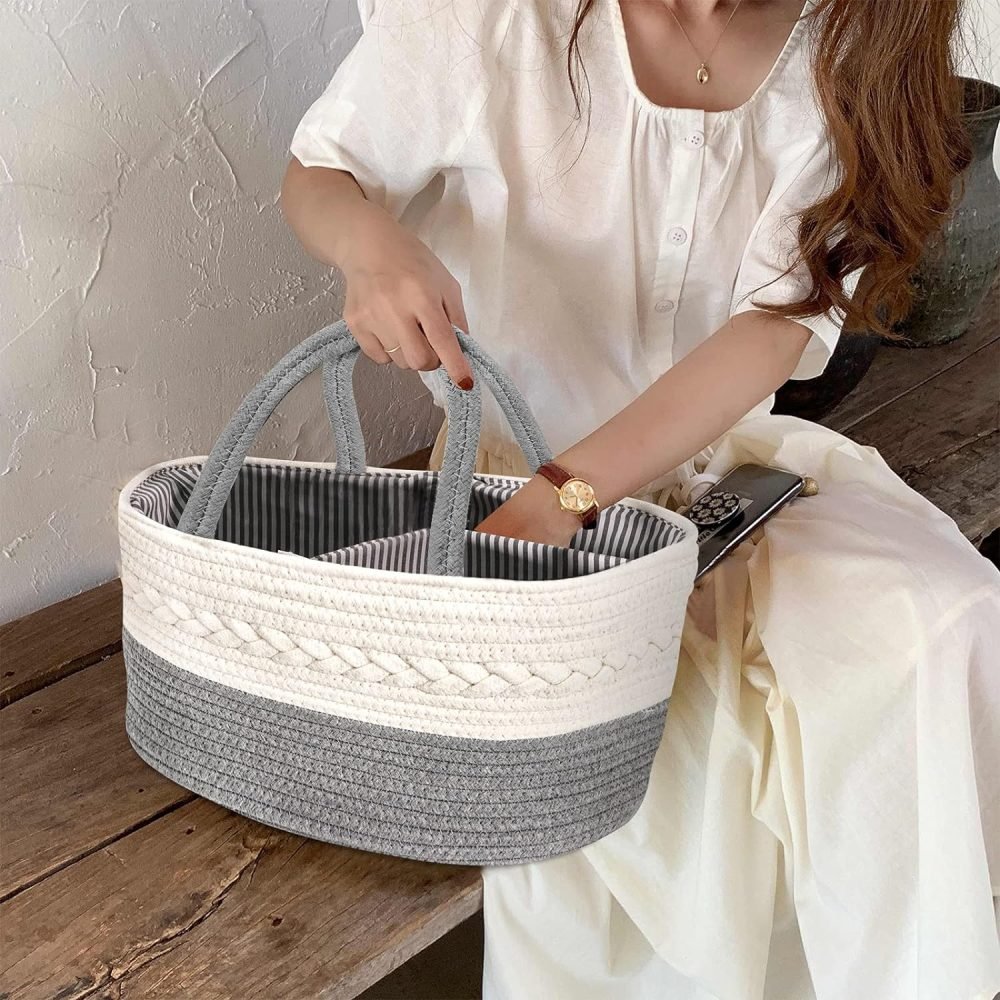 Maliton Nappy Caddy, Cotton Rope Newborn Essentials Diaper Caddy，Sturdy Portable Baby Caddy Storage Basket with Detachable Compartments，Nappy Caddy Organiser Baby Essentials for Newborn, Brown - Image 23