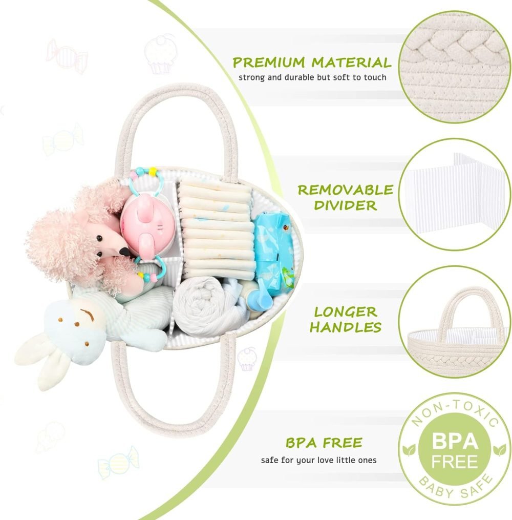 Maliton Nappy Caddy, Cotton Rope Newborn Essentials Diaper Caddy，Sturdy Portable Baby Caddy Storage Basket with Detachable Compartments，Nappy Caddy Organiser Baby Essentials for Newborn, Brown - Image 36