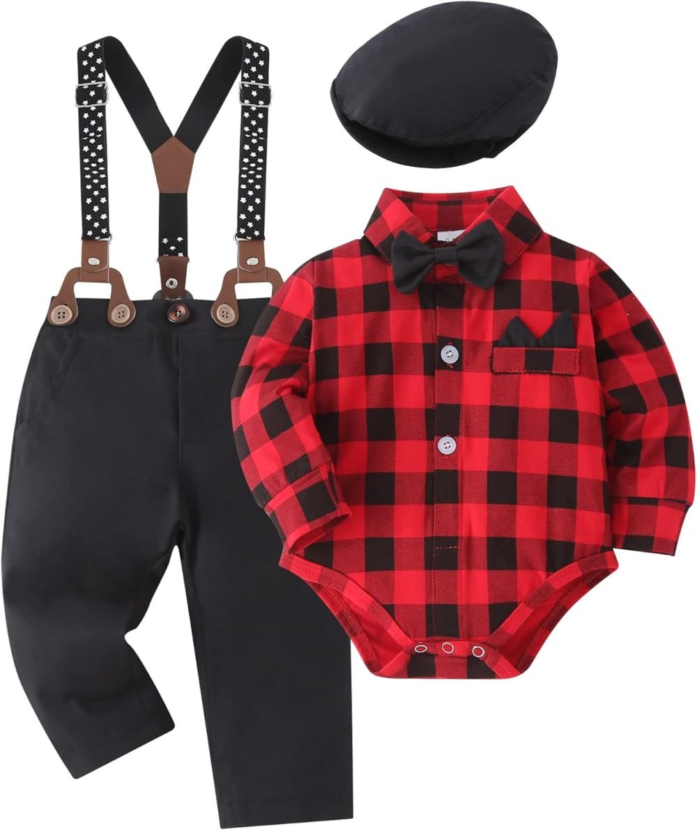 SOLOYEE Baby Boys Outfits Clothes Sets 0-18 Months Toddler Infant Party Gentleman Romper Jumpsuit + Suspender Pants + Beret Hat 3pcs