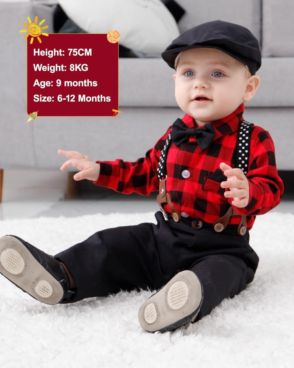 SOLOYEE Baby Boys Outfits Clothes Sets 0-18 Months Toddler Infant Party Gentleman Romper Jumpsuit + Suspender Pants + Beret Hat 3pcs - Image 2