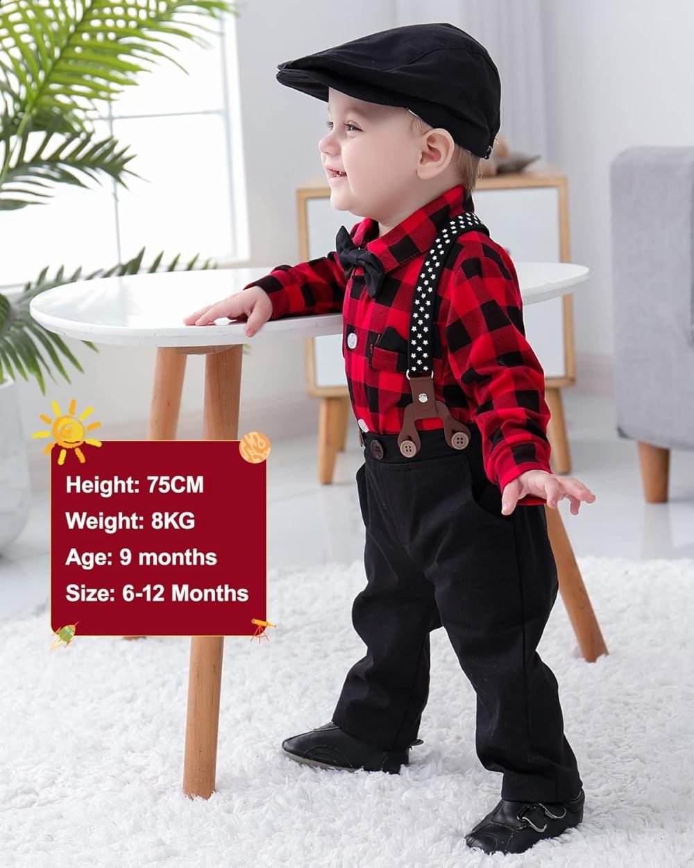 SOLOYEE Baby Boys Outfits Clothes Sets 0-18 Months Toddler Infant Party Gentleman Romper Jumpsuit + Suspender Pants + Beret Hat 3pcs - Image 4