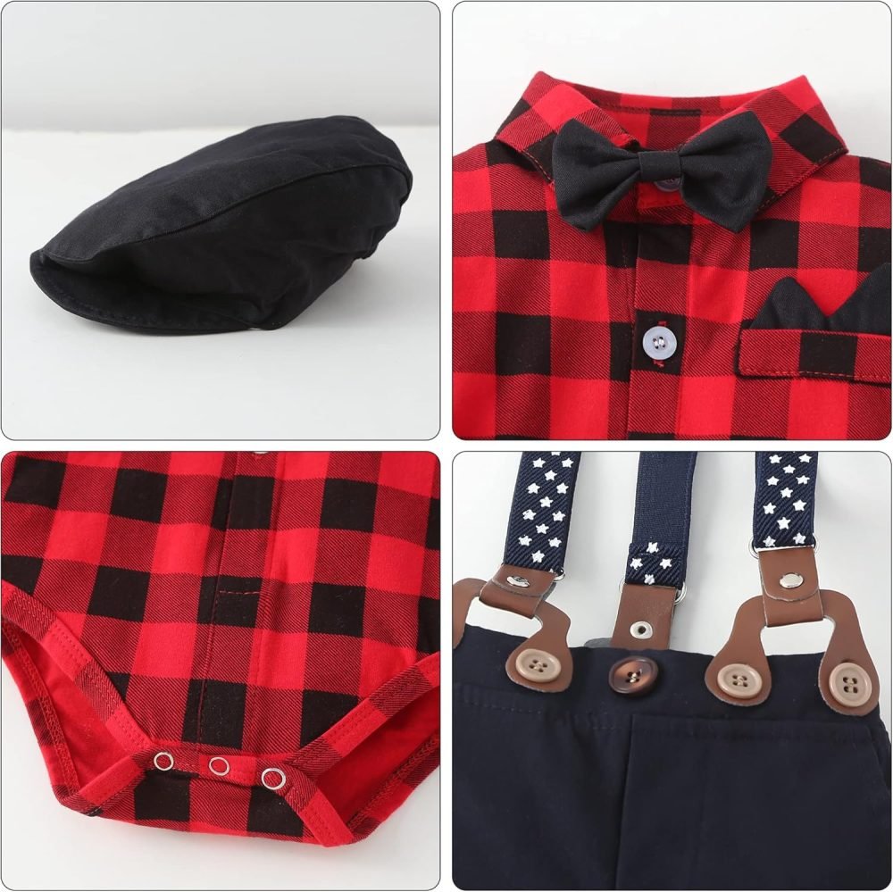 SOLOYEE Baby Boys Outfits Clothes Sets 0-18 Months Toddler Infant Party Gentleman Romper Jumpsuit + Suspender Pants + Beret Hat 3pcs - Image 5