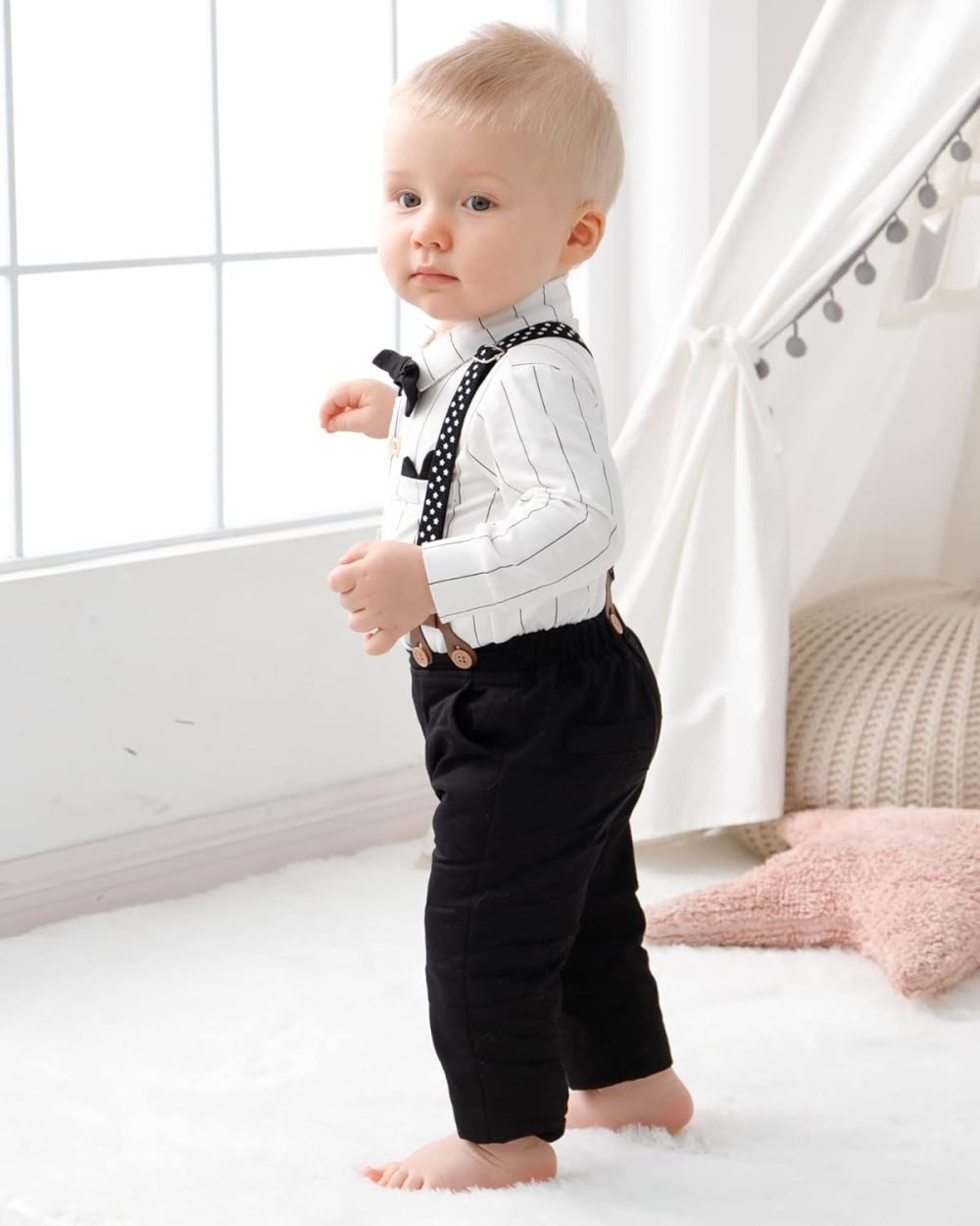 SOLOYEE Baby Boys Outfits Clothes Sets 0-18 Months Toddler Infant Party Gentleman Romper Jumpsuit + Suspender Pants + Beret Hat 3pcs - Image 21