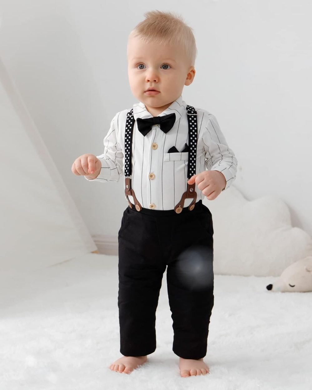 SOLOYEE Baby Boys Outfits Clothes Sets 0-18 Months Toddler Infant Party Gentleman Romper Jumpsuit + Suspender Pants + Beret Hat 3pcs - Image 22