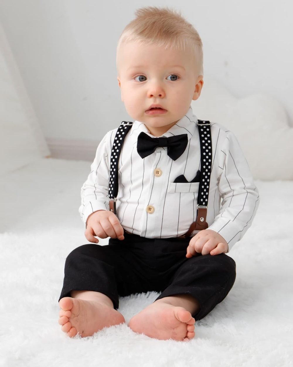 SOLOYEE Baby Boys Outfits Clothes Sets 0-18 Months Toddler Infant Party Gentleman Romper Jumpsuit + Suspender Pants + Beret Hat 3pcs - Image 23