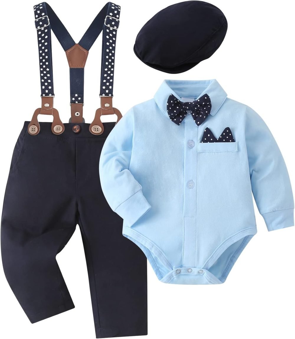 SOLOYEE Baby Boys Outfits Clothes Sets 0-18 Months Toddler Infant Party Gentleman Romper Jumpsuit + Suspender Pants + Beret Hat 3pcs - Image 32