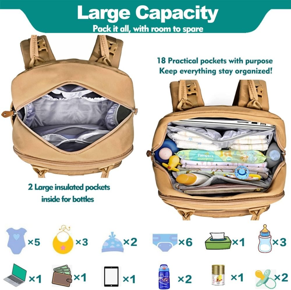 BabbleRoo Baby Changing Bag Backpack, Nappy Changing Back Pack Diaper Bags with Changing Mat & Pacifier Holder for Mom & Dad - Image 21