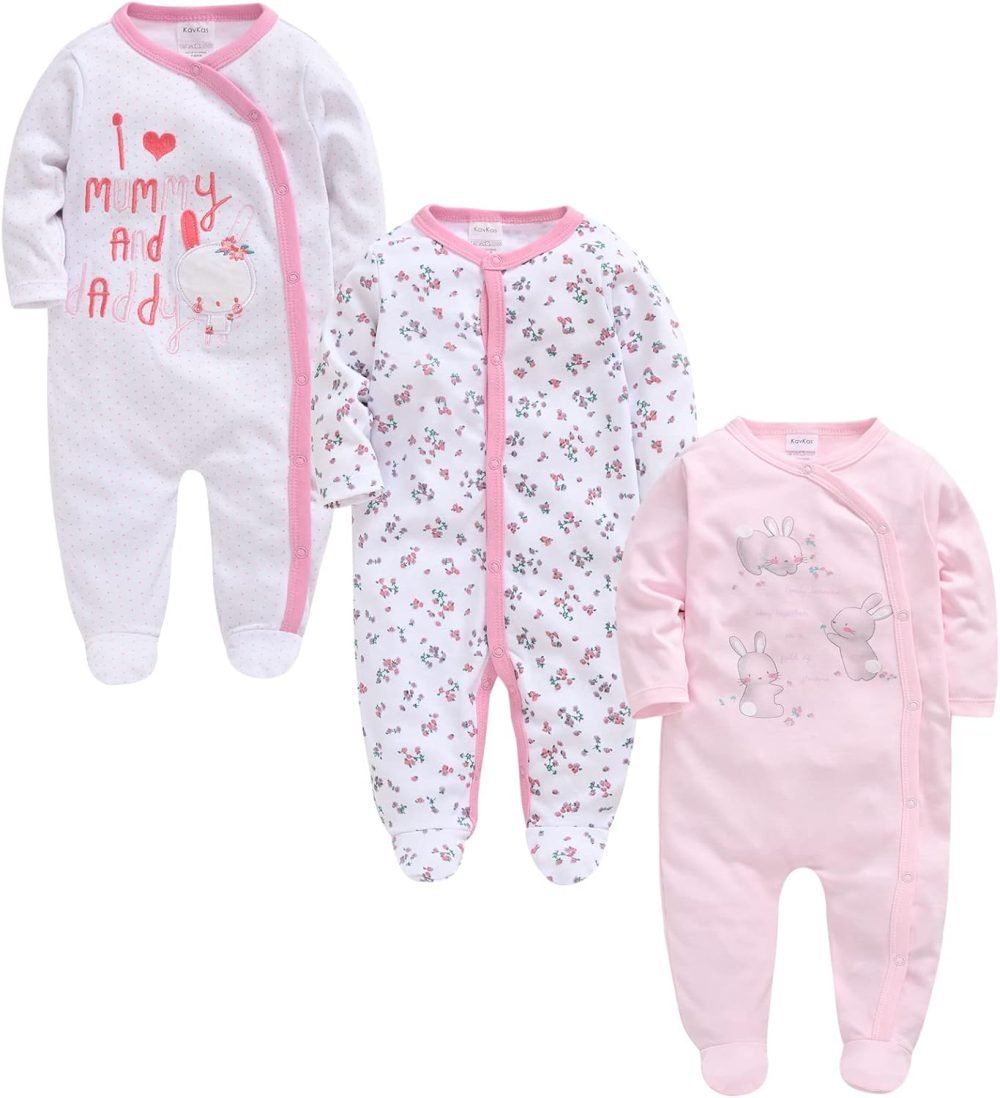 kavkas Baby Onesie Cotton One Piece Romper Footies Newborn Long Sleeve for Sleep and Play, Rabbit Pack