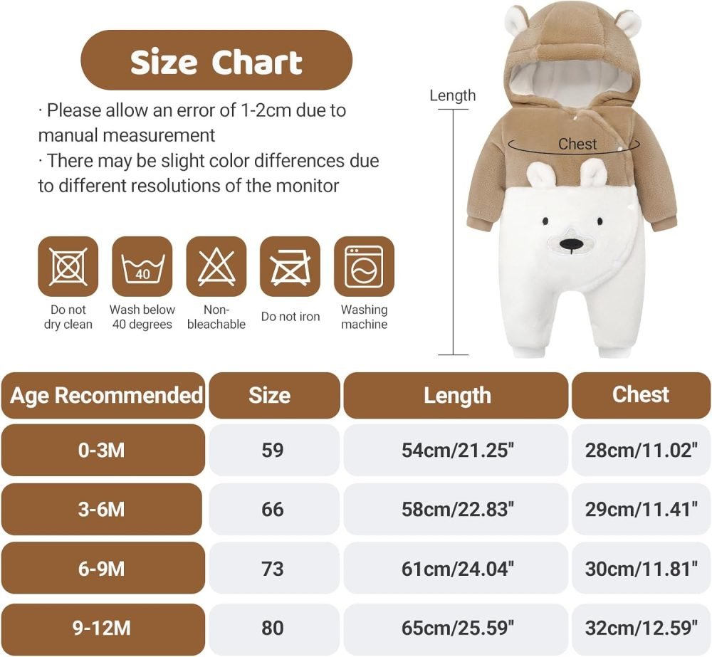 WYTbaby Baby Snowsuit Fleece Romper, Thicken Bear Hooded Jumpsuit For Toddler Girls Boys Infant Outfit - Image 6