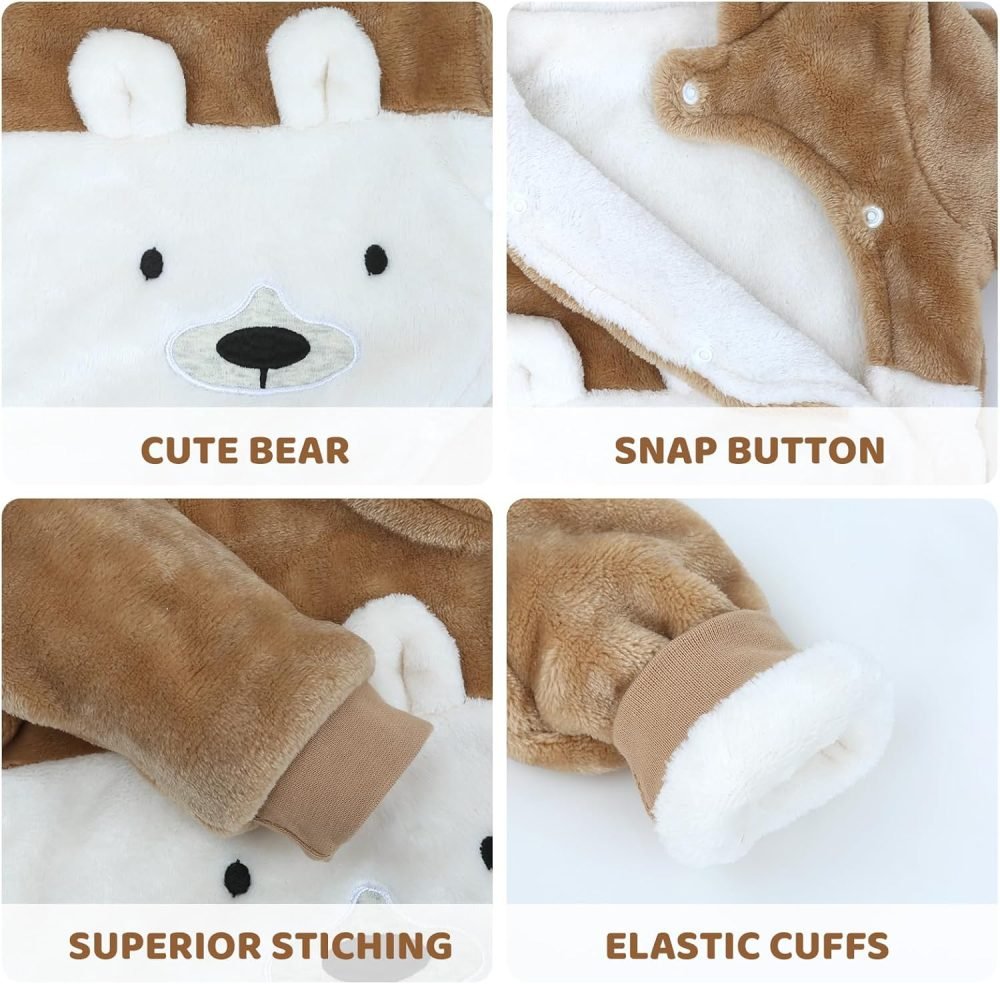 WYTbaby Baby Snowsuit Fleece Romper, Thicken Bear Hooded Jumpsuit For Toddler Girls Boys Infant Outfit - Image 7