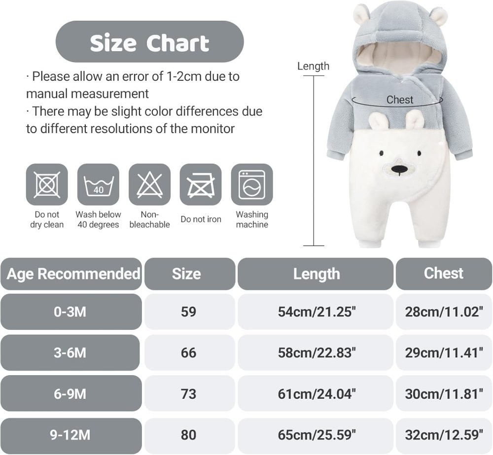 WYTbaby Baby Snowsuit Fleece Romper, Thicken Bear Hooded Jumpsuit For Toddler Girls Boys Infant Outfit - Image 38
