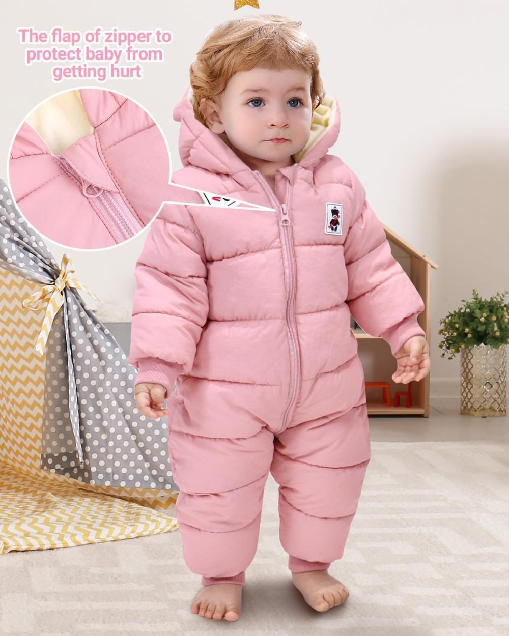 Minizone Baby Snowsuit Winter Hooded Romper, Warm Pramsuit Baby Coat Jumpsuit Zipper Bodysuits Infant Clothes Outfits Boys Girls 6-9 Months - Image 12
