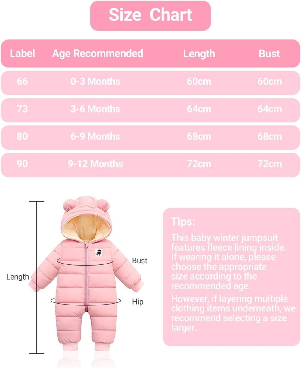 Minizone Baby Snowsuit Winter Hooded Romper, Warm Pramsuit Baby Coat Jumpsuit Zipper Bodysuits Infant Clothes Outfits Boys Girls 6-9 Months - Image 17