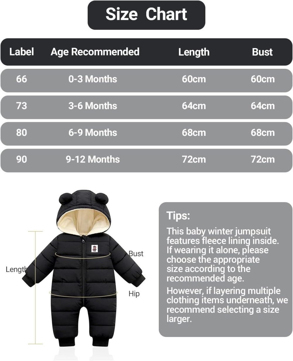 Minizone Baby Snowsuit Winter Hooded Romper, Warm Pramsuit Baby Coat Jumpsuit Zipper Bodysuits Infant Clothes Outfits Boys Girls 6-9 Months - Image 31