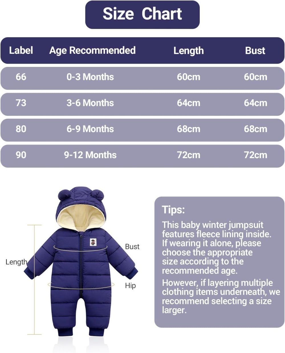 Minizone Baby Snowsuit Winter Hooded Romper, Warm Pramsuit Baby Coat Jumpsuit Zipper Bodysuits Infant Clothes Outfits Boys Girls 6-9 Months - Image 45