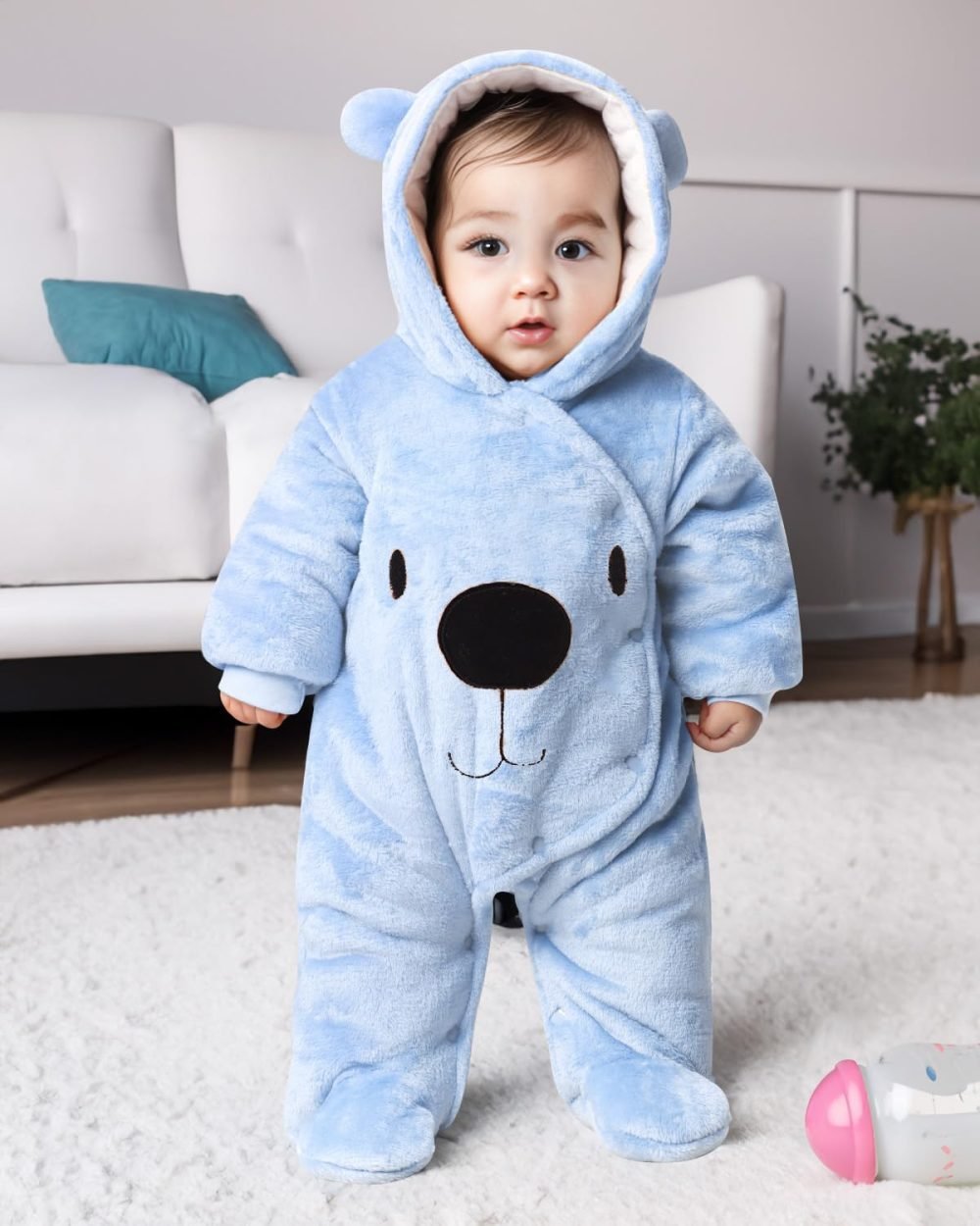 Baby Hooded Rompers Flannel Winter Outfits Boys Girls Snowsuits Feet Covered Jumpsuit, 0-3 Months - Image 5