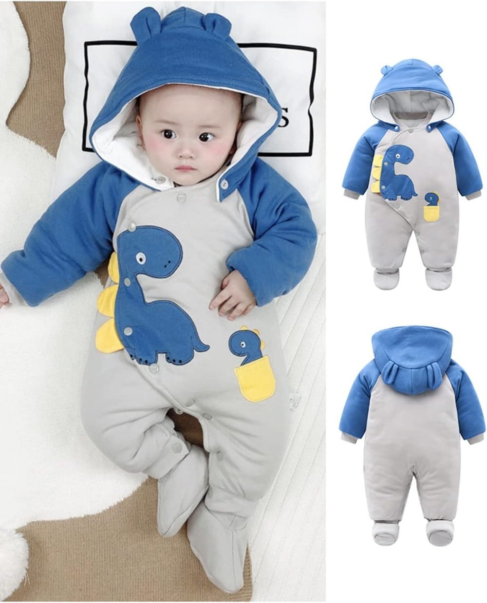 Baby Snowsuit Boys Girls Winter Romper Cotton Jumpsuit Detachable Hooded Footies Outfits Warm Long Sleeve Cartoon Dinosaur Newborn Gift for 3-6 Months Blue - Image 36