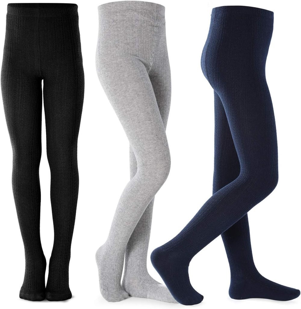 Girls Tights Toddler Cable Knit Cotton Footed Seamless Dance Ballet Baby Girls' Leggings 3 Pack, Yellow/Dark Grey/Brown