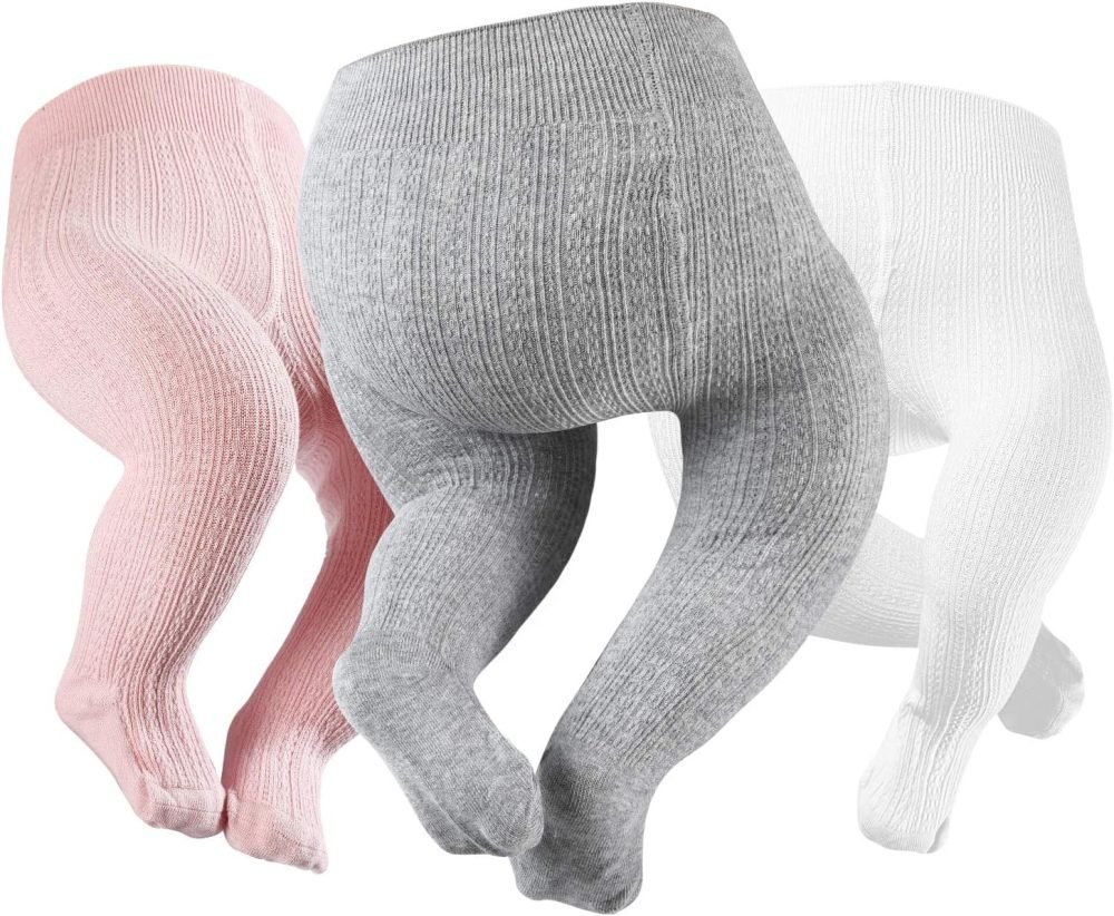 Girls Tights Toddler Cable Knit Cotton Footed Seamless Dance Ballet Baby Girls' Leggings 3 Pack, Yellow/Dark Grey/Brown - Image 6