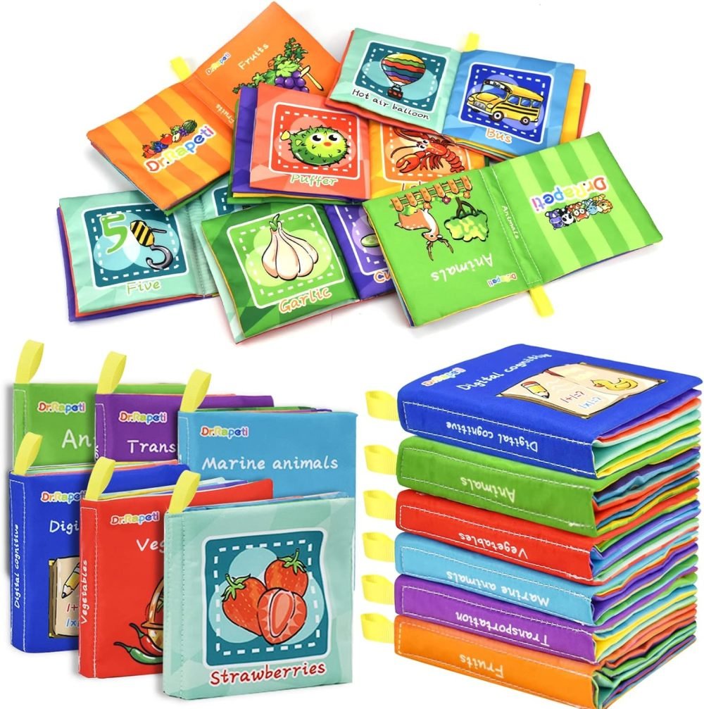 Dr.Rapeti 6 Pack Soft Books, Baby Soft Cloth Book, Sensory Book, Bath Book, Crinkle Soft Book, Washable Nontoxic Educational Learning Toy for Baby Infant Toddler Kids
