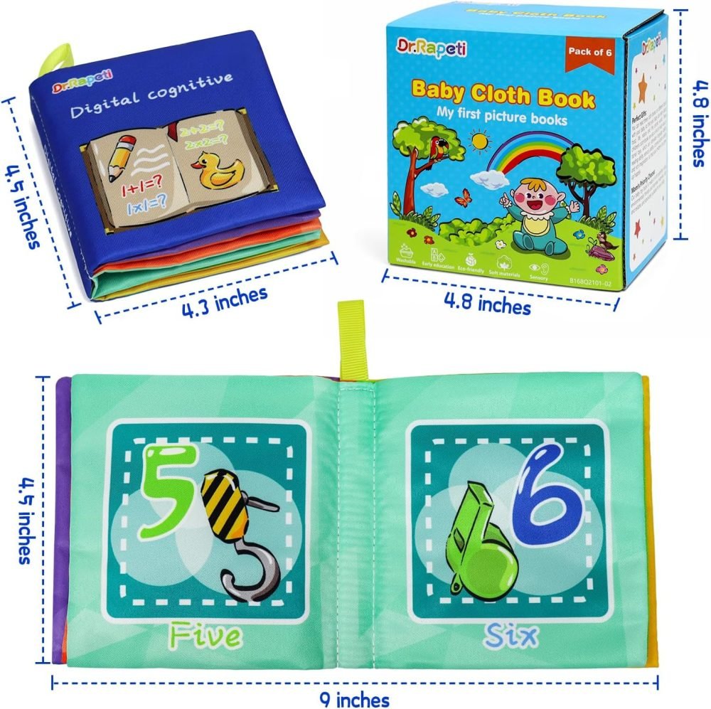 Dr.Rapeti 6 Pack Soft Books, Baby Soft Cloth Book, Sensory Book, Bath Book, Crinkle Soft Book, Washable Nontoxic Educational Learning Toy for Baby Infant Toddler Kids - Image 2