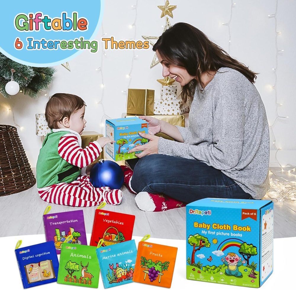 Dr.Rapeti 6 Pack Soft Books, Baby Soft Cloth Book, Sensory Book, Bath Book, Crinkle Soft Book, Washable Nontoxic Educational Learning Toy for Baby Infant Toddler Kids - Image 5
