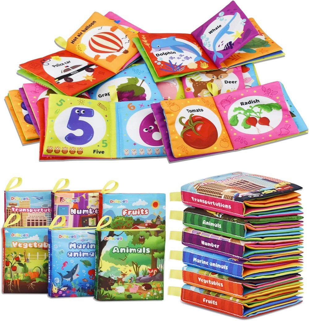Dr.Rapeti 6 Pack Soft Books, Baby Soft Cloth Book, Sensory Book, Bath Book, Crinkle Soft Book, Washable Nontoxic Educational Learning Toy for Baby Infant Toddler Kids - Image 15