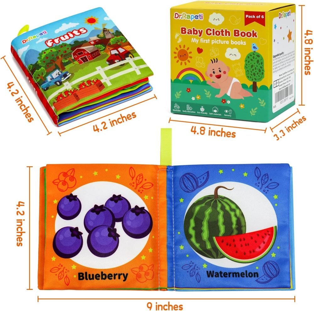 Dr.Rapeti 6 Pack Soft Books, Baby Soft Cloth Book, Sensory Book, Bath Book, Crinkle Soft Book, Washable Nontoxic Educational Learning Toy for Baby Infant Toddler Kids - Image 16